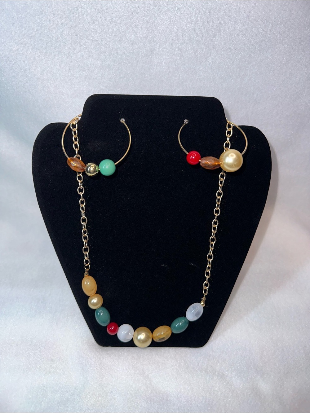 Multicolor Faux Beaded Necklace & Hoop Earrings Gold Tone Jewelry Set